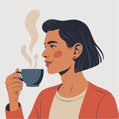 Woman drinking coffee, flat vector illustration
