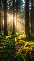 Sunlight Streaming Through Tall Trees in a Dense Forest with Green Mossy Ground and Warm Rays of Light Creating a Serene and Natural Ambience