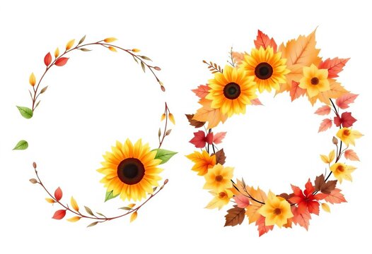Two watercolor wreaths; one features sunflowers, the other pumpkins & autumn leaves Fall decor, invitation, greeting card design, autumn, orange