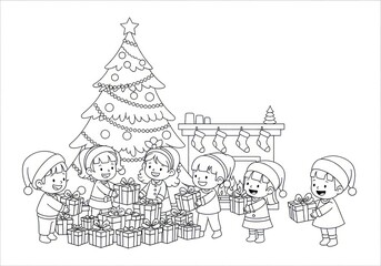 Christmas Coloring Page - Children with Gifts by the Tree.