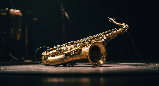 Elegant saxophone resting on stage evokes jazz music, live performance, and musical artistry in a dimly lit setting for concert or event promotion