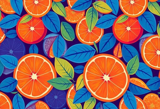Vibrant orange & blue citrus leaf & fruit pattern, wedding, art
