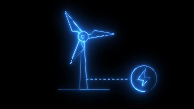 Singl eneon white outline wind turbine connected to a lightning bolt symbol on white background wind power.Neon glowing Wind energy in continuous line art.4k