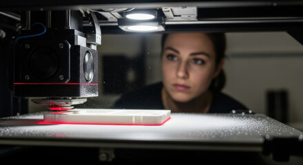 Focused engineer closely observes advanced additive manufacturing process as modern machine creates precise plastic component under bright led lights in laboratory setting