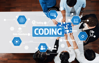 A diverse team engages in coding and software development, surrounded by visual elements representing critical concepts of data structure, source code, and testing strategies. Amity