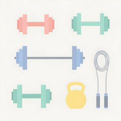 Obraz premium Workout Equipment Illustration Dumbbells Barbell Kettlebell and Jump Rope