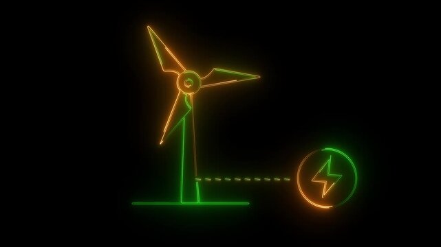 Singl eneon white outline wind turbine connected to a lightning bolt symbol on white background wind power.Neon glowing Wind energy in continuous line art.4k