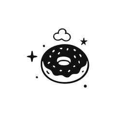 Donut with sprinkles, stars, and a cloud, in black and white