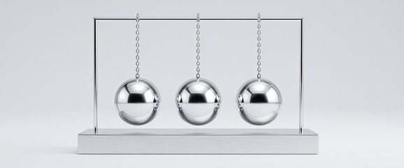 A chrome Newton's cradle shows three shiny metal spheres hanging from chains, resting on a silver base