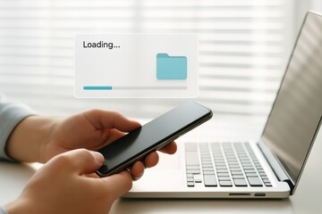 Laptop and smartphone with holographic loading bar and digital folder icon showing data synchronization and cloud transfer  
