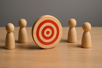 Wooden figures surrounding red bullseye dartboard target symbolizing teamwork, leadership, and shared business goals  
