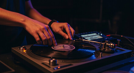 Naklejka premium Dj mixing music on vinyl record player turntables in nightclub music event audio equipment performance