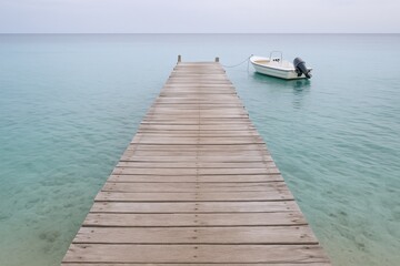 Scenic Ocean View: Wooden Pier Leading to Boat in Calm Waters on a Sunny Day