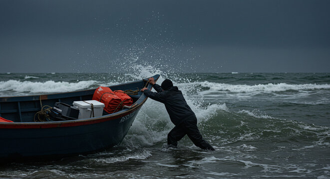 Man pushing boat ocean waves stormy sea water adventure fishing vessel seascape maritime challenge - Powered by Adobe