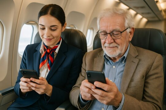 People flying and using smartphones on airplane, traveling and connecting - Powered by Adobe