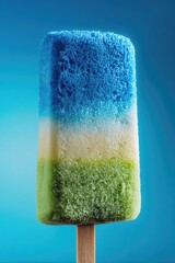 A colorful, layered frozen treat on a wooden stick against a bright blue backdrop