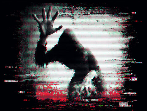 Mysterious hooded figure reaching, glitch effect, monochrome red - Powered by Adobe