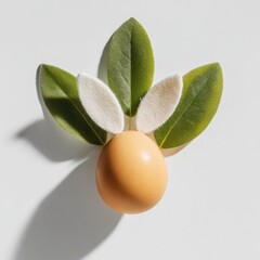 Egg with leaves and faux-fur like ears, cast shadow on a white surface