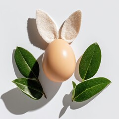 A tan egg with cream-colored felt bunny ears is surrounded by vibrant green leaves