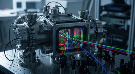 Fototapeta premium Laser beams aligned through glass windows on a vacuum chamber illustrating key stages in optical lattice clock calibration.