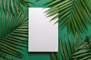 Blank white paper surrounded by vibrant green palm leaves on a contrasting emerald background