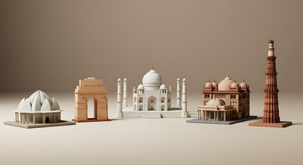 A detailed 3D illustration showcasing a collection of India's most famous architectural landmarks and monuments in a minimalist row