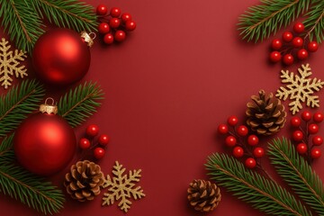 Festive Christmas Holiday Background with Ornament, Pinecone, Berries, and Snowflake Decorations on Red