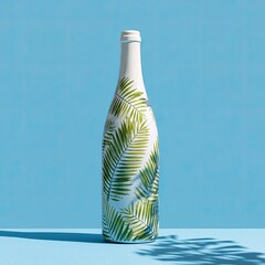 White bottle adorned with green palm fronds, on blue surface; sunlight casts shadows