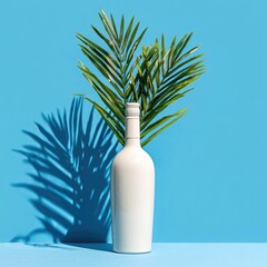 White bottle and green palm frond against a vibrant blue backdrop with stark shadows