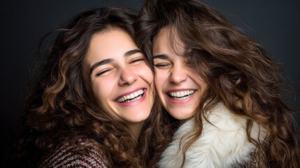 Fototapeta premium Mom and daughter share laughter in a joyful studio moment together