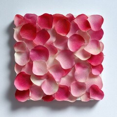 Square arrangement of pink and red rose petals on white, top-down view