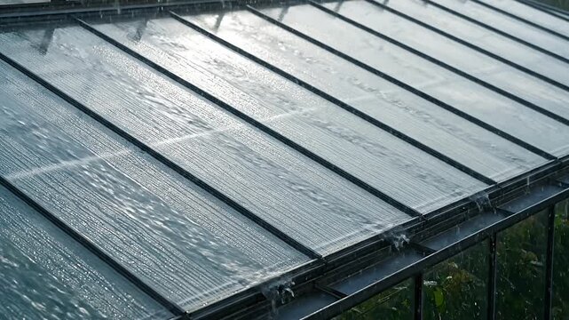 Glass roof panels reflecting light and shadows on a building exterior.