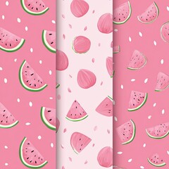 Three pink vertical panels with repeating patterns of watercolor watermelon slices & peaches