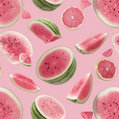 Seamless pattern featuring various watermelon slices and pieces floating against a pink backdrop