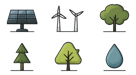 Obraz premium Eco-Friendly Icons Collection: Solar, Wind, Tree, and Water Illustrations in Style