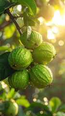 Sunlit Branch of Green Guava Fruit with Water Droplets and Bokeh Background in an Orchard During Golden Hour