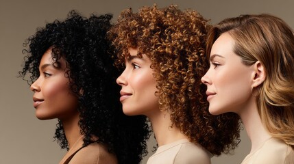 Three women showcase diverse hairstyles in a studio setting with soft lighting