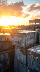 Sunlit Cement Blocks Stacked High Against a Sky with a Bright Sun, Cinematic Shot