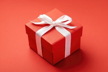 Red gift box tied with white ribbon, positioned center frame on a matching color background