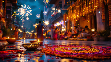 A joyful Diwali night scene in an Indian neighborhood 