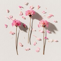 Overhead shot of three pink flowers with scattered petals on a white textured surface