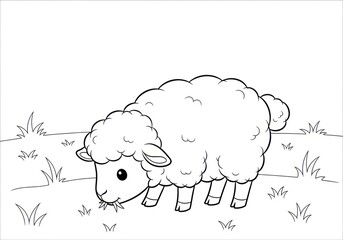 Obraz premium Cute Cartoon Sheep Grazing in a Field Coloring Page.