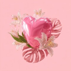 A pink heart-shaped balloon surrounded by lilies and monstera leaves, all on a pink backdrop