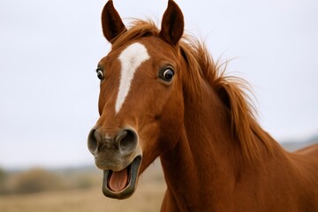 Obraz premium Expressive Chestnut Horse Portrait with Wide Eyes and Open Mouth against a Soft Background