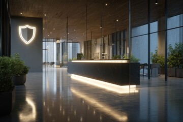 Obraz premium Modern Lobby with Illuminated Reception Desk and Shield Logo, Polished Floor Reflections.