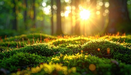 Sunlit Forest Floor Covered in Green Moss with Bokeh Background Cinematic Lighting Beautiful Nature Scene Tranquil Atmosphere Warm Colors