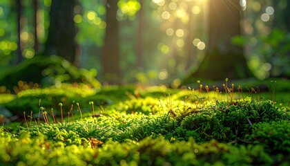 Sunlit Forest Floor with Green Moss and Bokeh Effects Detailed View of Forest Ground Covering in Lush Moss and Sparkling Sunrays Green and Brown Hues