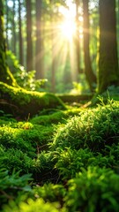Sunlit Forest Floor with Vibrant Green Moss in a Serene Woodland Setting Warm Sunlight and Greenery Vertical Composition