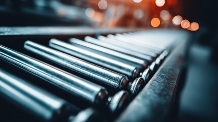 Focused perspective on conveyor rollers guiding items smoothly through the process with the rest of the sorting equipment softly out of focus.