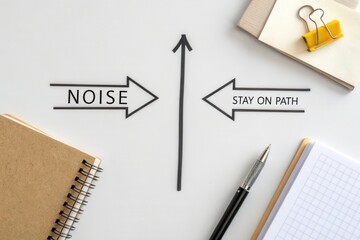 An arrow pointing straight forward on a minimal desk scene